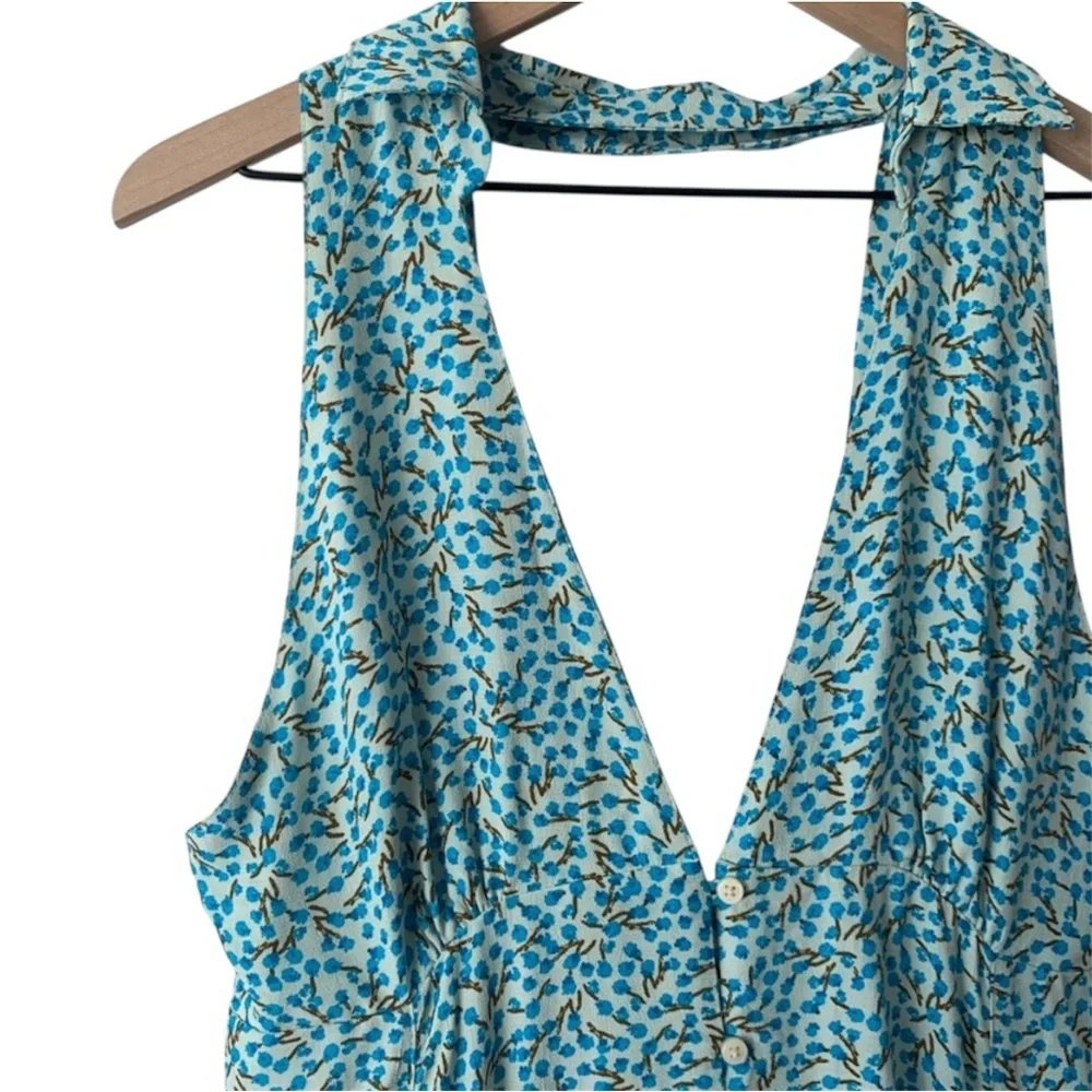 Free People C’est La Vie Collared Plunge Blue Floral‎ Backless Wrap Mini Dress 2 - Picture 5 of 11